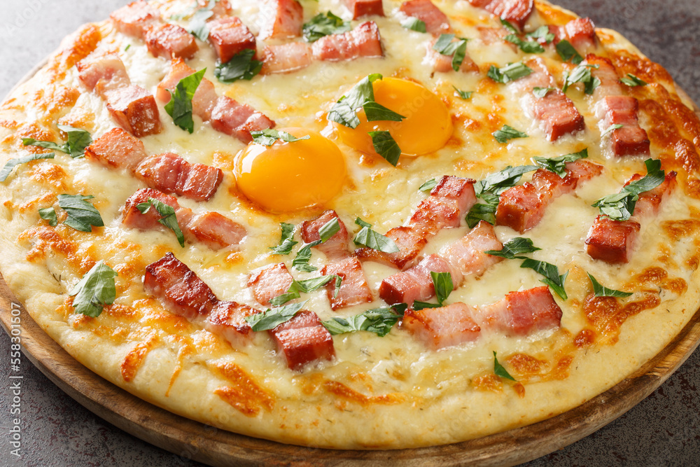 traditional pizza carbonara with egg, cream, smoked bacon, parmesan and Mozzarella cheese closeup. Horizontal traditional pizza carbonara with egg, cream, smoked bacon, parmesan and Mozzarella cheese closeup. Horizontal