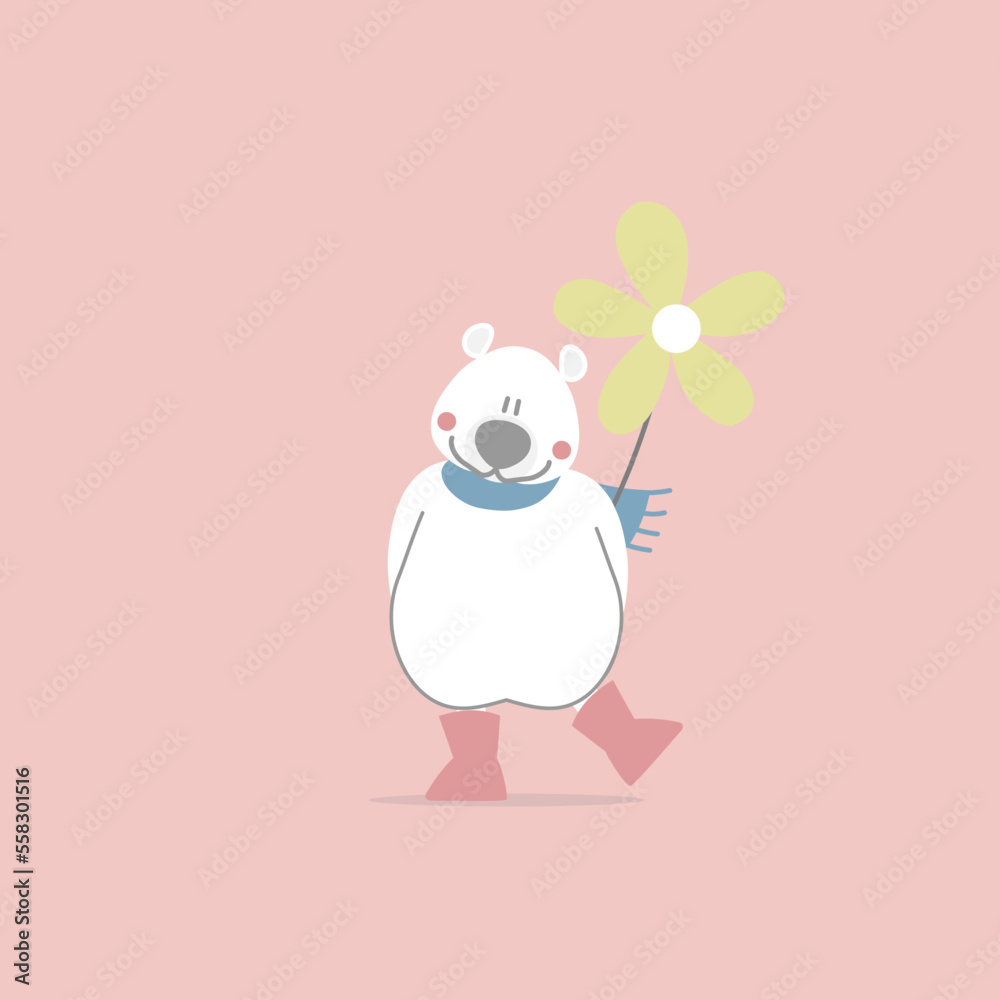 cute and lovely hand drawn white polar bear with flower, happy valentine's day, love concept, flat vector illustration cartoon character costume design cute and lovely hand drawn white polar bear with flower, happy valentine's day, love concept, flat vector illustration cartoon character costume design