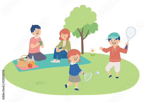 公園の広場で過ごす家族のイラスト