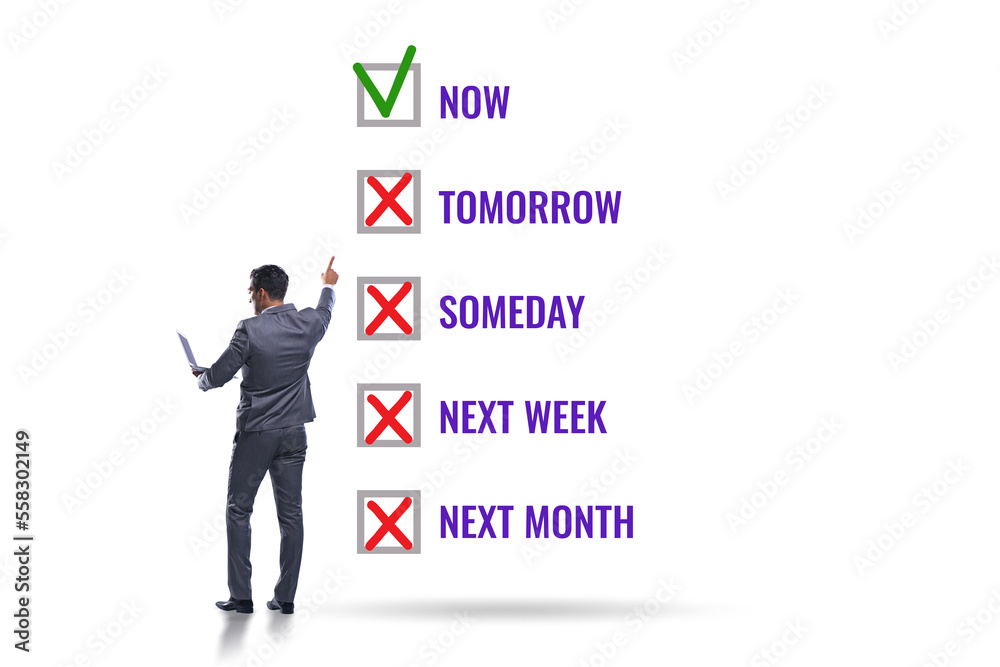 Concept of procrastination with now or later Concept of procrastination with now or later
