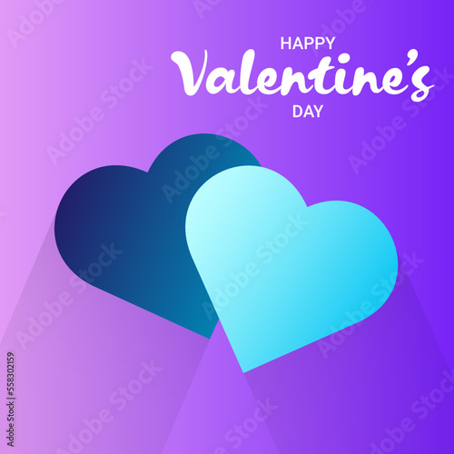 Postcard Happy Valentine's Day gentle color. Two hearts with a shadow of blue shades on a lilac gradient background with the inscription congratulations