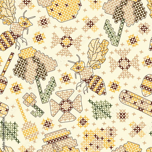 Bees, honey, honeycombs and flowers. Seamless vector pattern with cross stitch texture. Insect print for textile design, fabric, wrapping. Yellow, brown and white colors