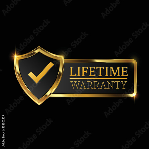 lifetime warranty logo with golden shield and golden ribbon.Vector illustration.