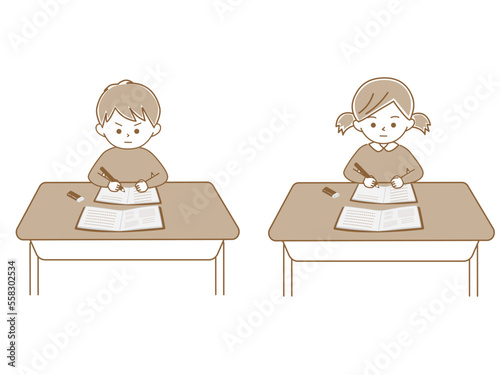 真剣な顔で勉強する男の子と女の子　シンプル版