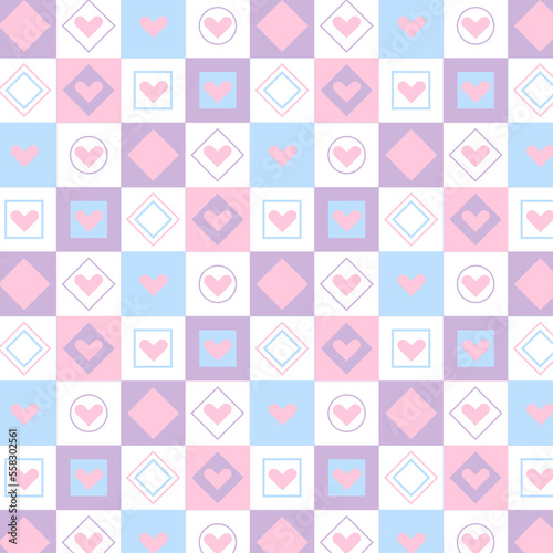 Squares pattern with heart. Pink patchwork with the word Love.