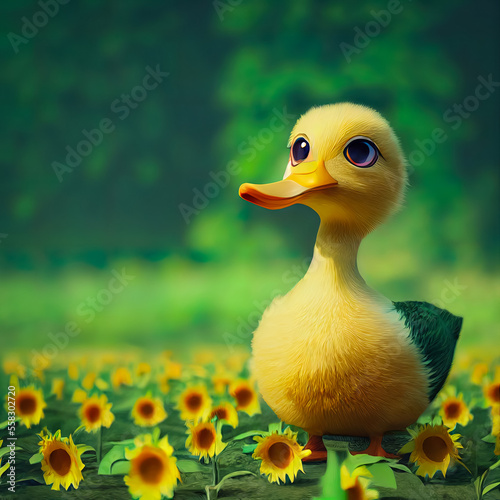 Adorable baby duck character design on sunflower field. cute duck cartoon animation. photo