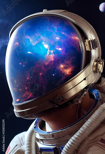 astronaut in space and in the reflection of his helmet stars. Galaxy purple  blue  nebula and galaxies in space.