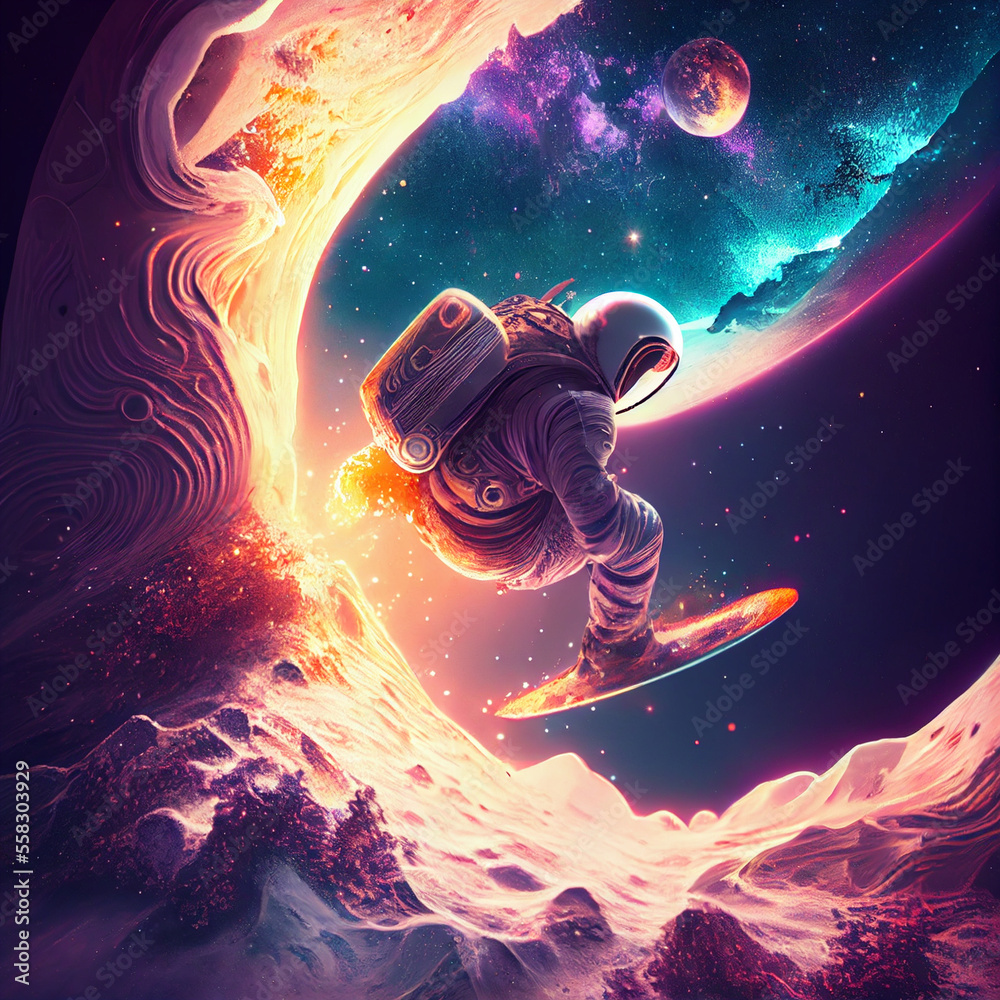 Obraz premium astronauts surf on a surfboard in space with stars, planets, generative ai.