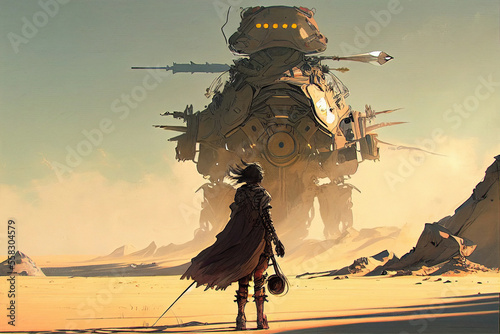 Apocalypse warrior facing a giant mechanical beast in desert, digital painting style made with generative AI.