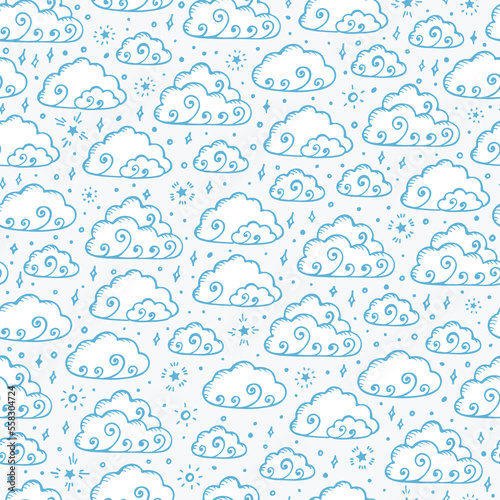 Hand Drawn Doodle Cartoon Clouds Vector Seamless pattern. Rainy Sky with Stars endless background.