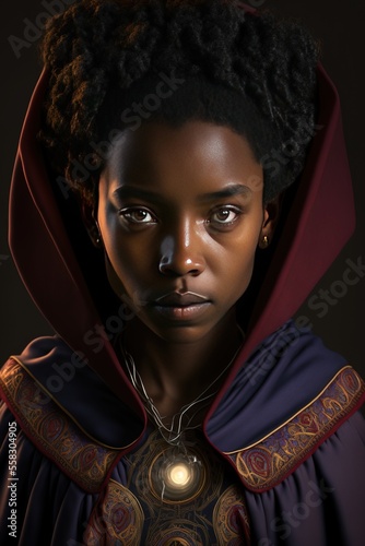 Black history month holiday celebration. Independent Strong black people poster. Confident black person. Ai generated not a real person art. Doctor strange cosplay, Black woman as doctor strange photo