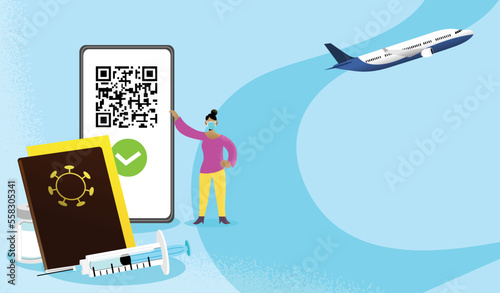 Woman holding smartphone with QR code on screen. Concept of authorization of travel with vaccine passport and digital sanitary pass, European Green Pass.  International Certificate of vaccination.