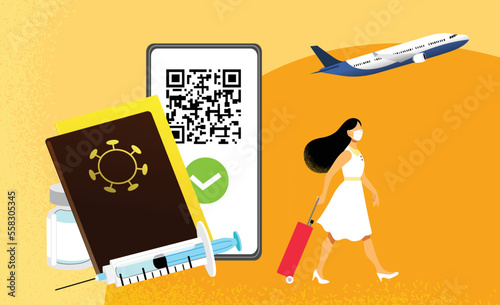 Young woman traveler with suitcase on holidays flat vector. Plane in background. Concept of vaccine passport, international certificate of vaccination and digital sanitary pass,or European Green pass.