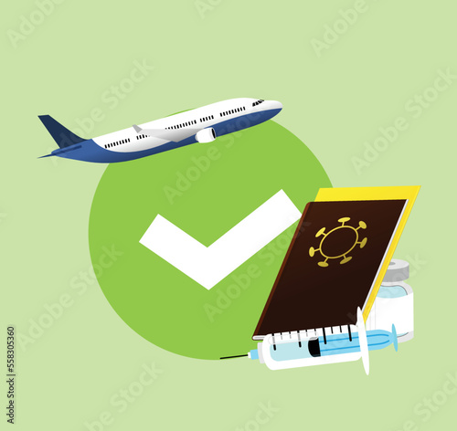 Vaccine passport with international certificate of vaccination, with an airplane in background and a syringe in front of the passport. Travel authorization during pandemic.