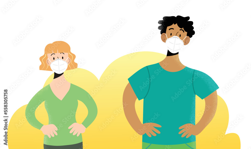 Young man and woman portrait front view with hands on hips, wearing ffp2 or kn95 protective white masks. Characters isolated. Masks can be removed. Protection against coronavirus pandemic. Young man and woman portrait front view with hands on hips, wearing ffp2 or kn95 protective white masks. Characters isolated. Masks can be removed. Protection against coronavirus pandemic.