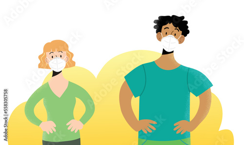 Young man and woman portrait front view with hands on hips, wearing ffp2 or kn95 protective white masks. Characters isolated. Masks can be removed. Protection against coronavirus pandemic.