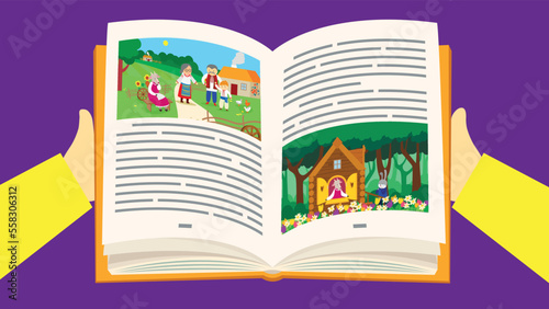 Unfolded book in hands with a fairy tale