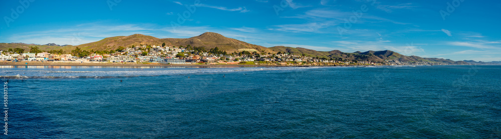 Cayucos State Beach is right on the waterfront in the town of Cayucos, California. Panoramic view.