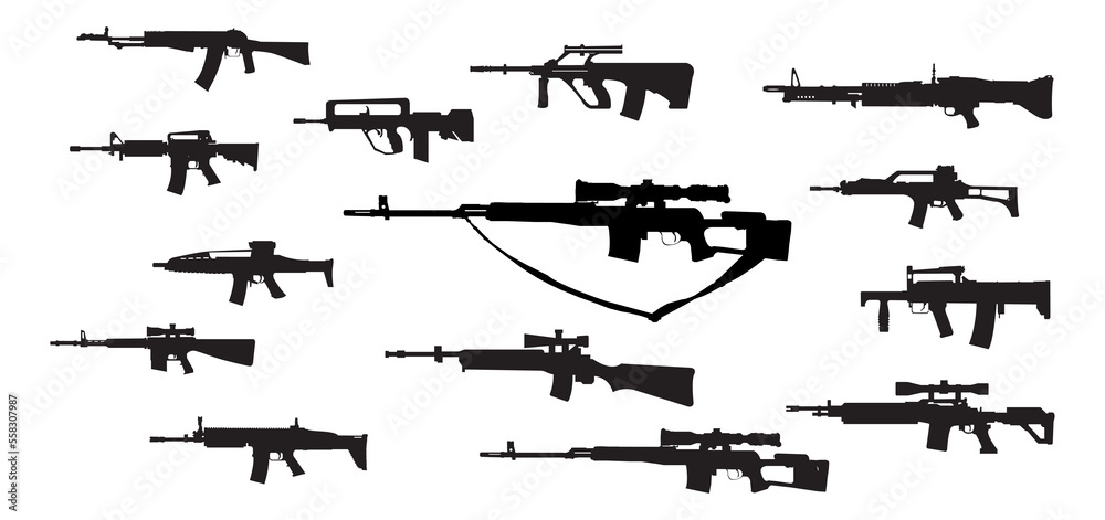 Set of assault rifle weapon vector gun silhouettes