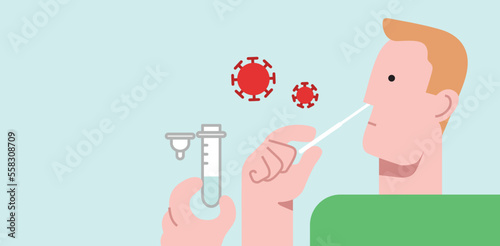 Man profile portrait taking a sample with cotton nasal swab. Antigen self-test at home demonstration. Covid-19 or coronavirus positivity detection test. Stylized flat vector character illustration.