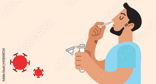 Man from profile taking a sample with a nasal swab. Self-testing at home wit antigen kit to test his positivity to coronavirus or covid-19. Flat vector stylized illustration.