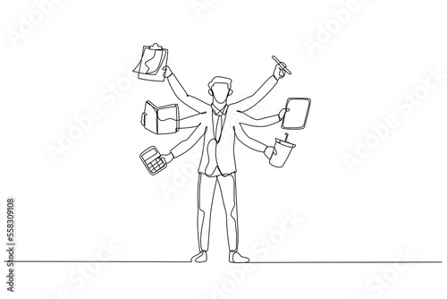 Drawing of businessman with several hand concept of multitasking. Continuous line art style