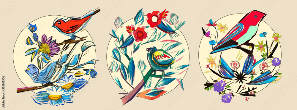 Obraz premium Bird on tree branch with leaves, flowers and large circle on light beige background. Colorful illustration.