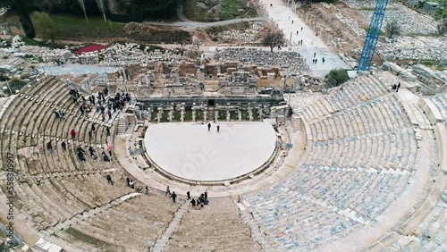 Turkey Ephesus ancient city and tourists shot by drone