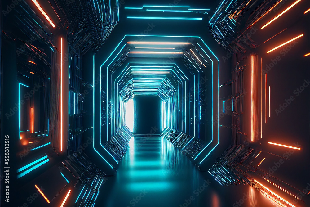 Futuristic background with neon lights in tunnel. Abstract virtual reality background with glowing lines reflections. Generative AI