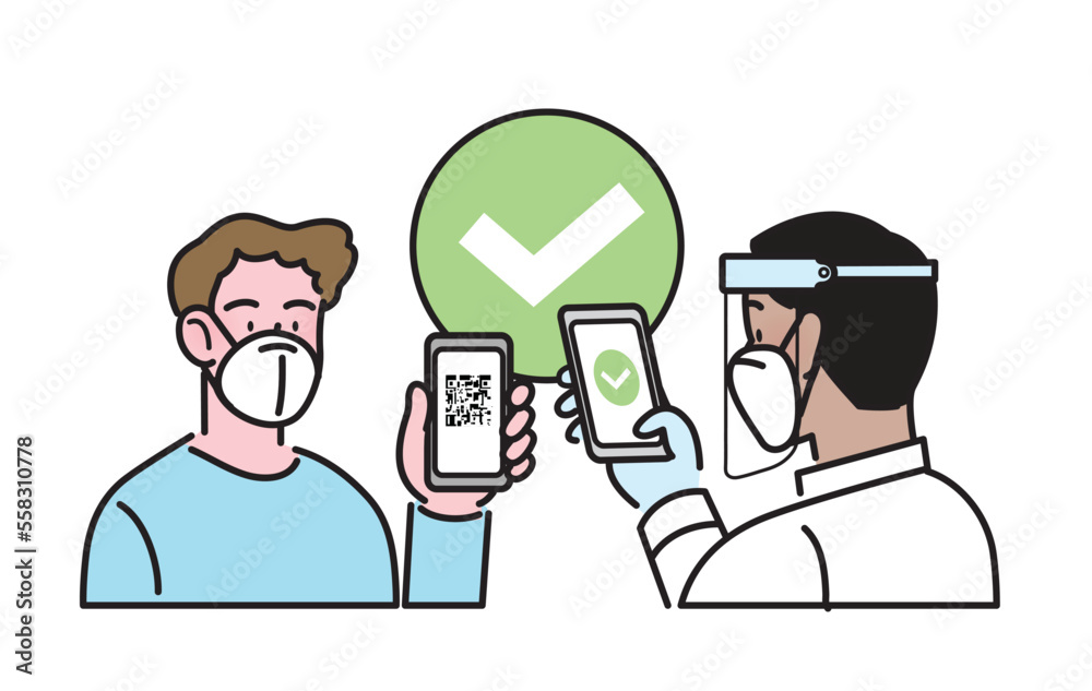 Line icon isolated flat vector. Man wearing protective ffp2 kn95 face mask, holding smartphone with qr code on screen. Digital sanitary pass check, vaccine passport, health pass, eu covid green pass. Line icon isolated flat vector. Man wearing protective ffp2 kn95 face mask, holding smartphone with qr code on screen. Digital sanitary pass check, vaccine passport, health pass, eu covid green pass.