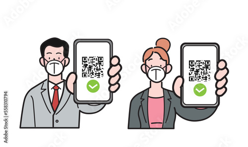 Flat isolated vector. Man and woman employees with business suits wearing ffp2 kn95 face masks, holding smartphone with qr code on screen. Digital sanitary pass check, eu green pass, health passport.