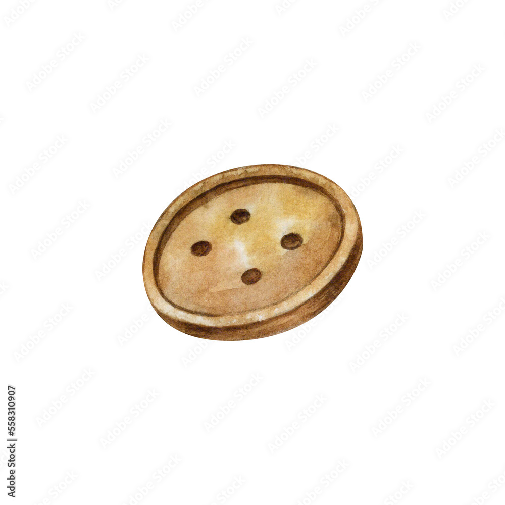 Old style wooden button on a transparent background. Watercolor illustration element for design