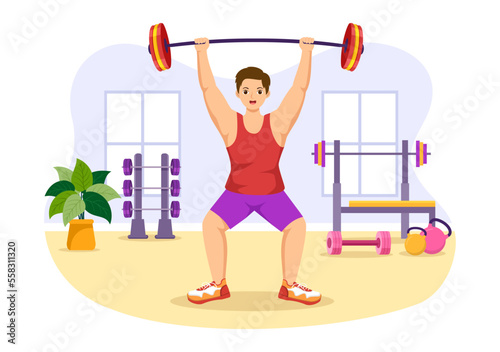 Weightlifting Sport Illustration with Athlete Lifts a Heavy Barbell, Gym Equipment and Bodybuilder Training in Flat Cartoon Hand Drawn Templates