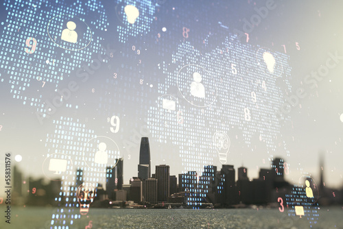Double exposure of social network icons interface and world map on San Francisco office buildings background. Networking concept