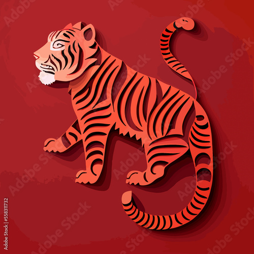 Chinese New Year 2023, Tiger zodiac sign on red color background.
