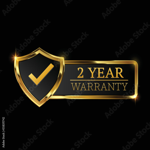 2 year warranty logo with golden shield and golden ribbon.Vector illustration.