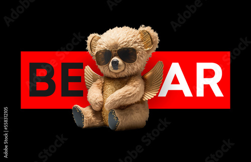 The bear is sitting in the costume of an angel with golden wings behind his back and sunglasses on his face. Vector illustrator