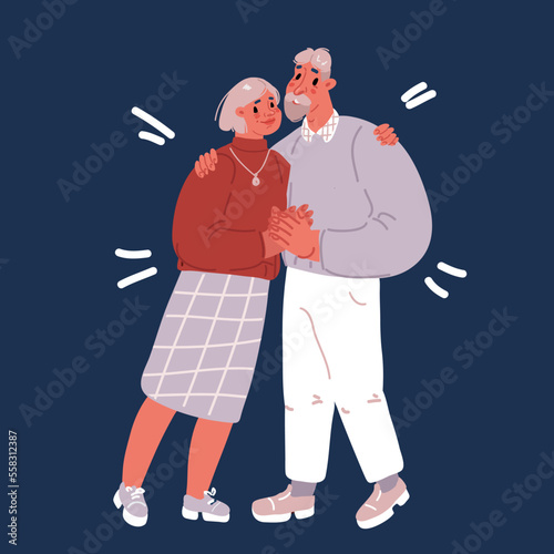 Cartoon vector illustration of Senior couple of man and woman hugging. Old gray-haired husband and wife embracing and supporting each other. Grandma and grandpa together.
