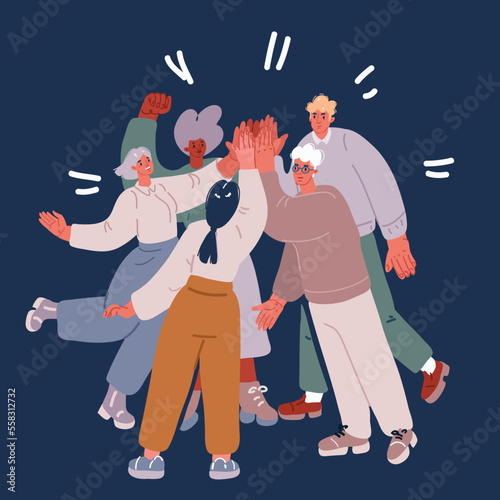 Cartoon vector illustration of High-five. Young man and woman giving high-five and smiling. Concept vector illustration of two friends giving a high-five on smartphones in the chat messenger