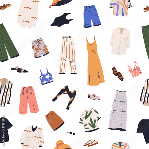 Seamless pattern with summer clothes, garments. Female apparel, repeating print. Endless backdrop, texture design with casual women wearing, accessories, dresses, sunglasses. Flat vector illustration