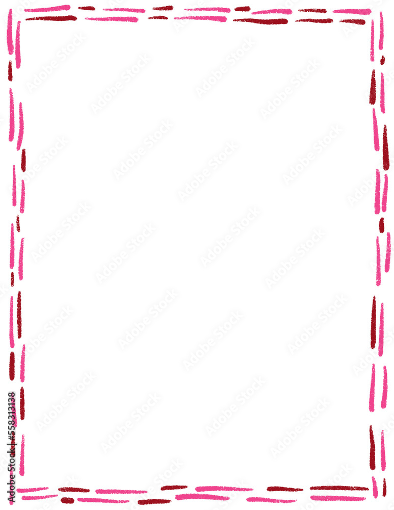 Obraz premium Hand drawn St Valentine Day page frame border. Pink red heart love kiss illustration invitation, graphic curves romantic greeting poster template, cute minimalist decorative design.