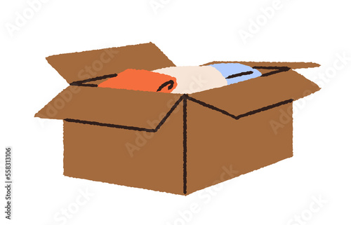 Open box with packed stuff, personal belongings. Unpacking carton pack with clothes, apparel. Cardboard parcel with items for storage and moving. Flat vector illustration isolated on white background