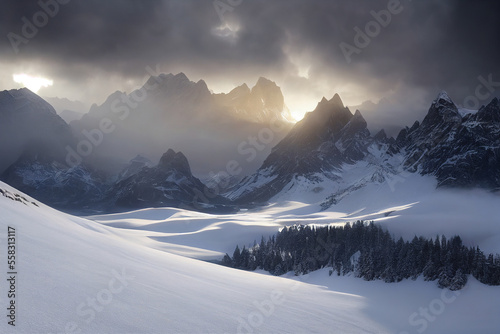 Beautiful winter landscape, dramatic sunset over mountains. AI