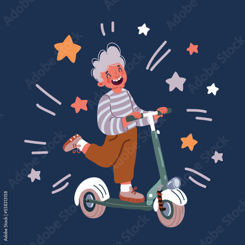 man riding electric kick scooter over white background. cartoon full length character. flat style vector illustration