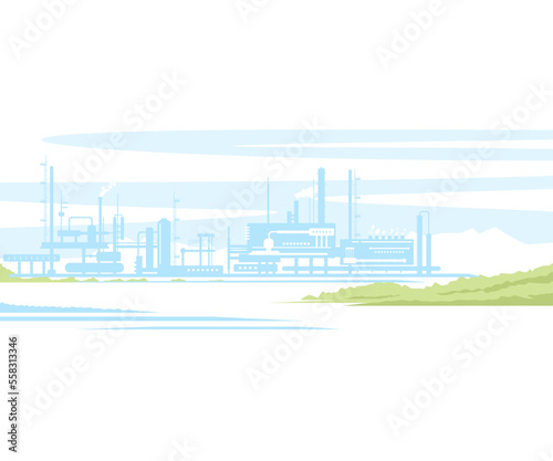 Industrial landscape of manufacturing factory buildings with smoke pipes in sunset. Flat style.