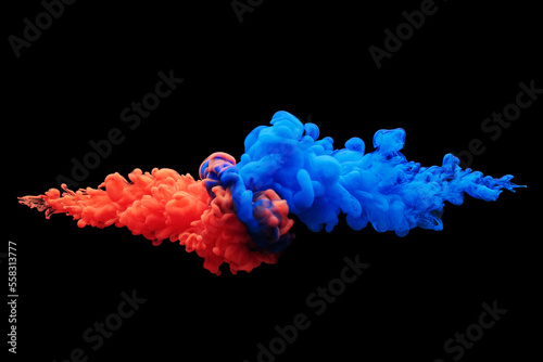 Obraz na płótnie Collision of flow of red and blue ink on a black background. Abstract concept photo w salonie