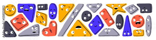 Geometric characters with cute faces set. Funny geometry shapes emojis, square, rectangle, circle figures with emotions. Childish kids flat graphic vector illustrations isolated on white background