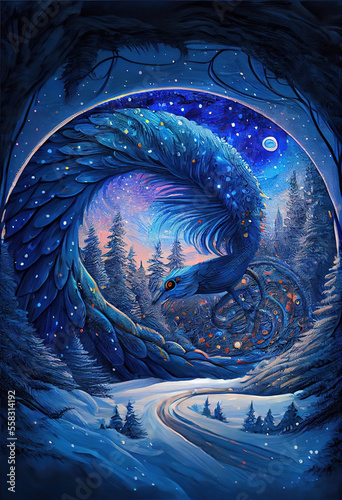 In the snowy forest a peacock  stands on a smooth and transparent stone.Character Design. Concept Art Characters. Book Illustration. Video Game Characters. Serious Digital Painting. CG Artwork.