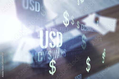 Creative USD symbols illustration and modern desktop with pc on background, forex and currency concept. Multiexposure