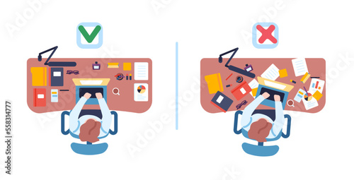 Dirty and clean desktop. Office workers table top view. Papers and stationery. Employee at desk. Document pages and notebooks organization. Vector messy or organized workplaces set